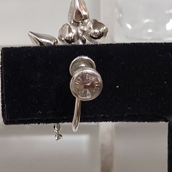 Vintage Sterling Silver Floral Earrings With Blue & Clear Rhinestones Screw Back - Picture 6 of 7